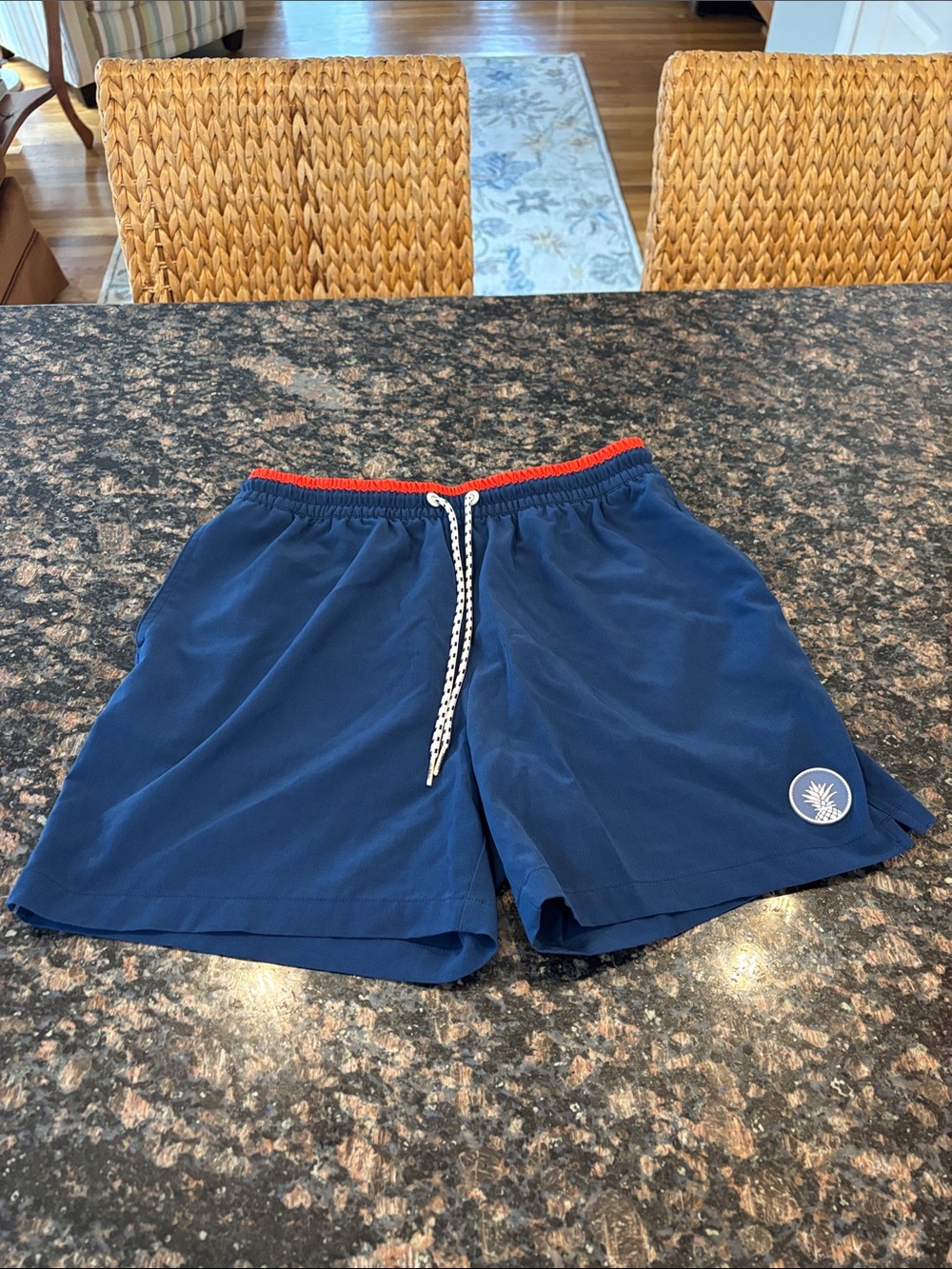 chubbies Navy Swim Shorts with Red Elastic Waistband